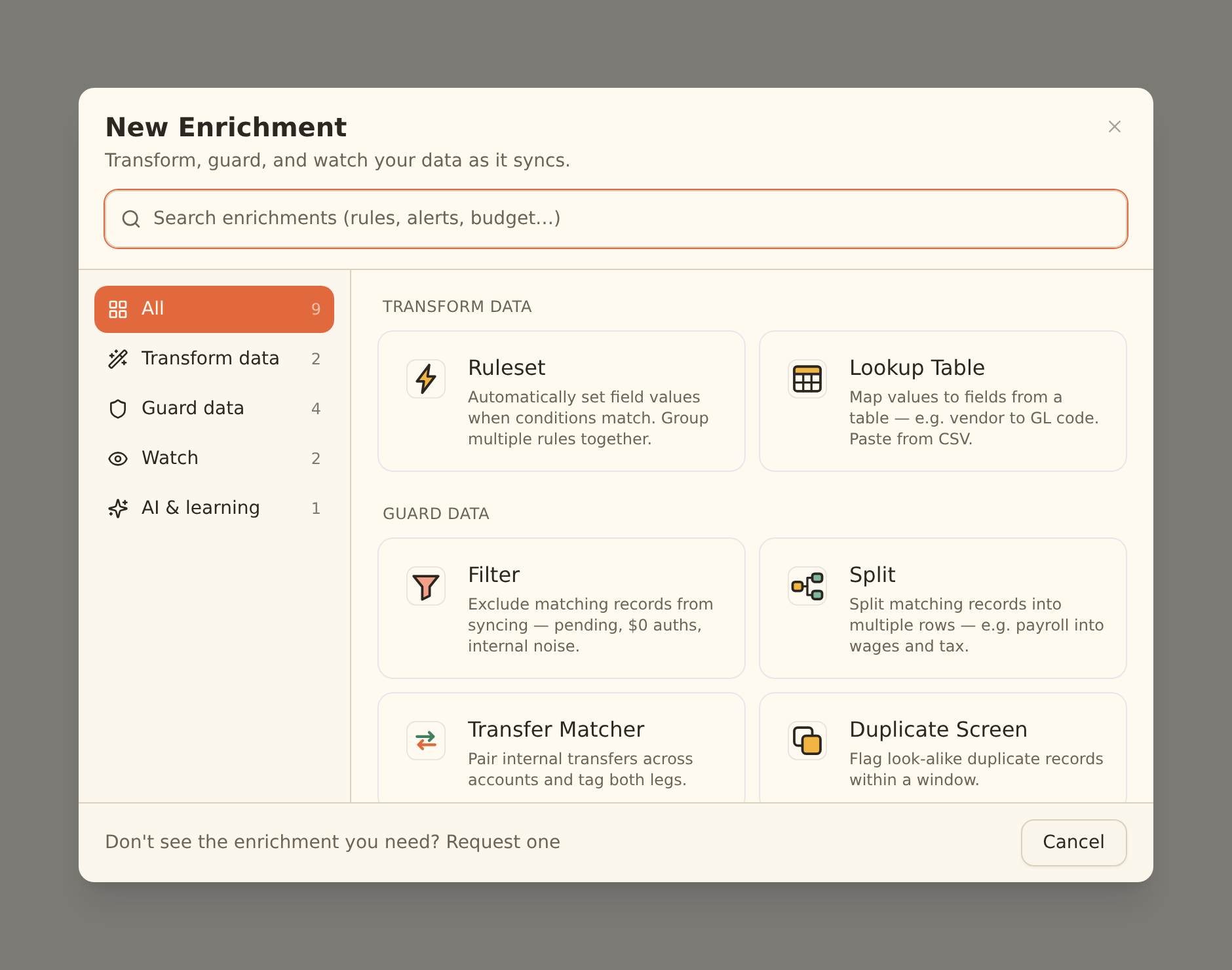 The New Enrichment dialog: a search box above a category rail listing All, Transform data, Guard data, Watch and AI and learning with counts, beside a two-column grid of enrichment cards, each with its icon, name and one-line description, and a Don't see the enrichment you need? Request one link in the footer.