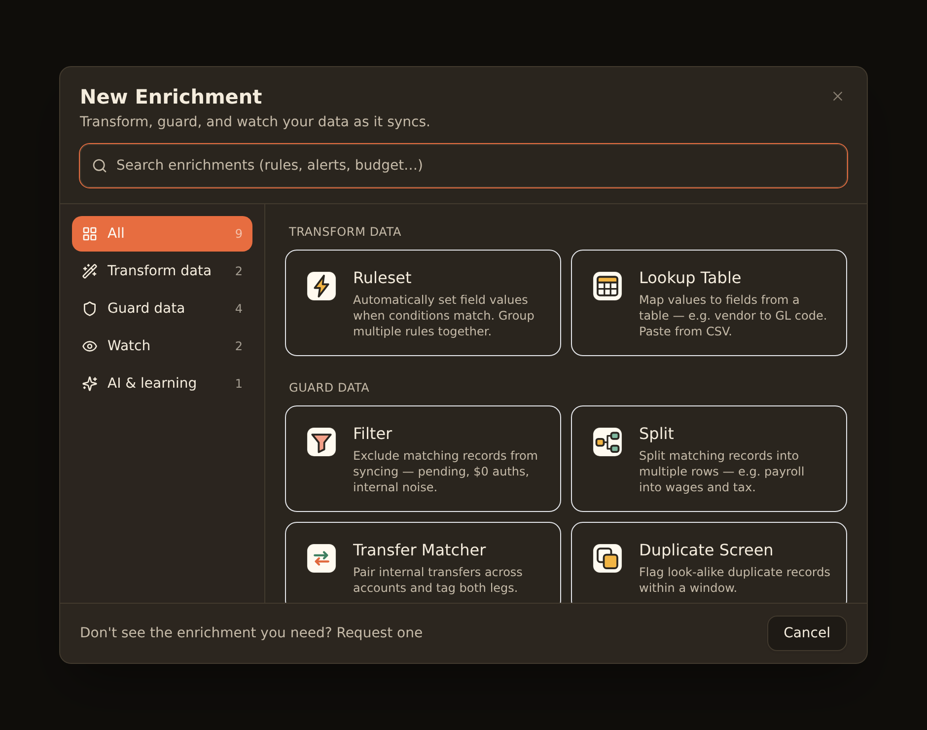 The New Enrichment dialog: a search box above a category rail listing All, Transform data, Guard data, Watch and AI and learning with counts, beside a two-column grid of enrichment cards, each with its icon, name and one-line description, and a Don't see the enrichment you need? Request one link in the footer.