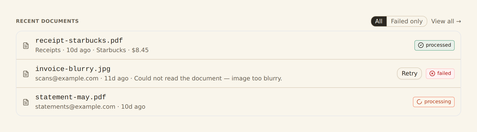 Recently processed receipts and invoices in a BankSync document extractor
