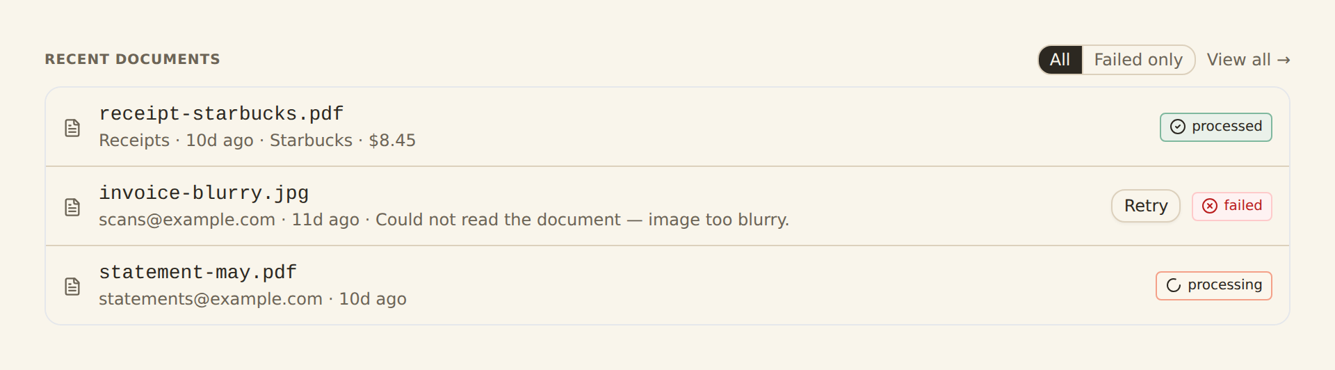 The extractor Recent Documents list showing forwarded documents with their processing status: one processed, one failed with a retry action, and one still processing, each with sender and received time.