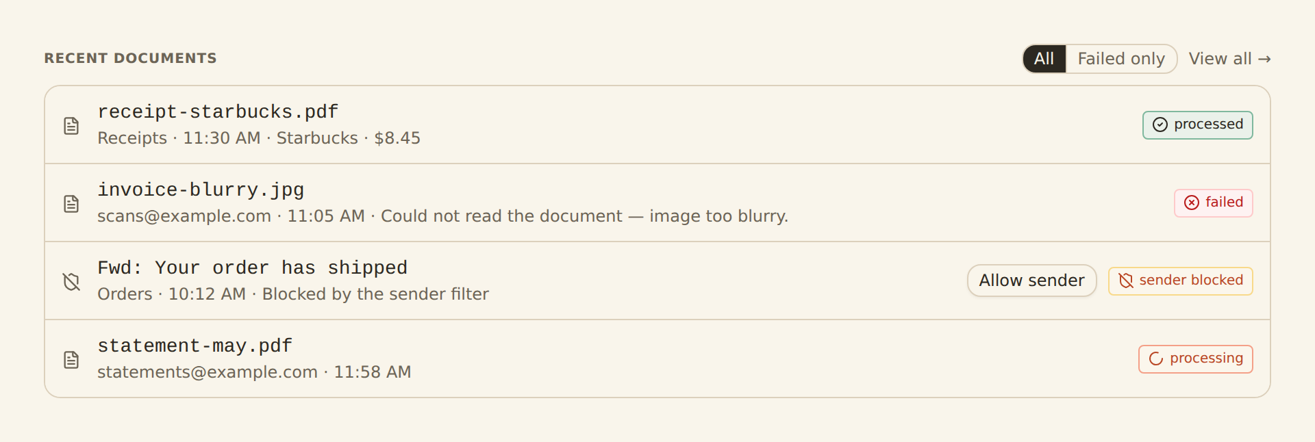 Recently processed receipts and invoices in a BankSync document extractor