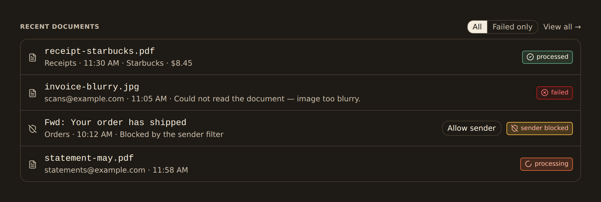 Recently processed receipts and invoices in a BankSync document extractor
