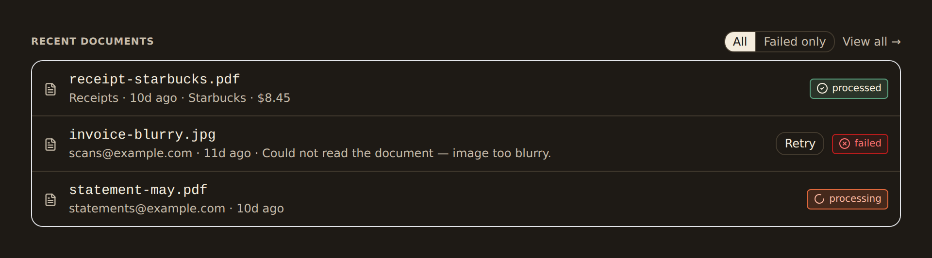 Recently processed receipts and invoices in a BankSync document extractor