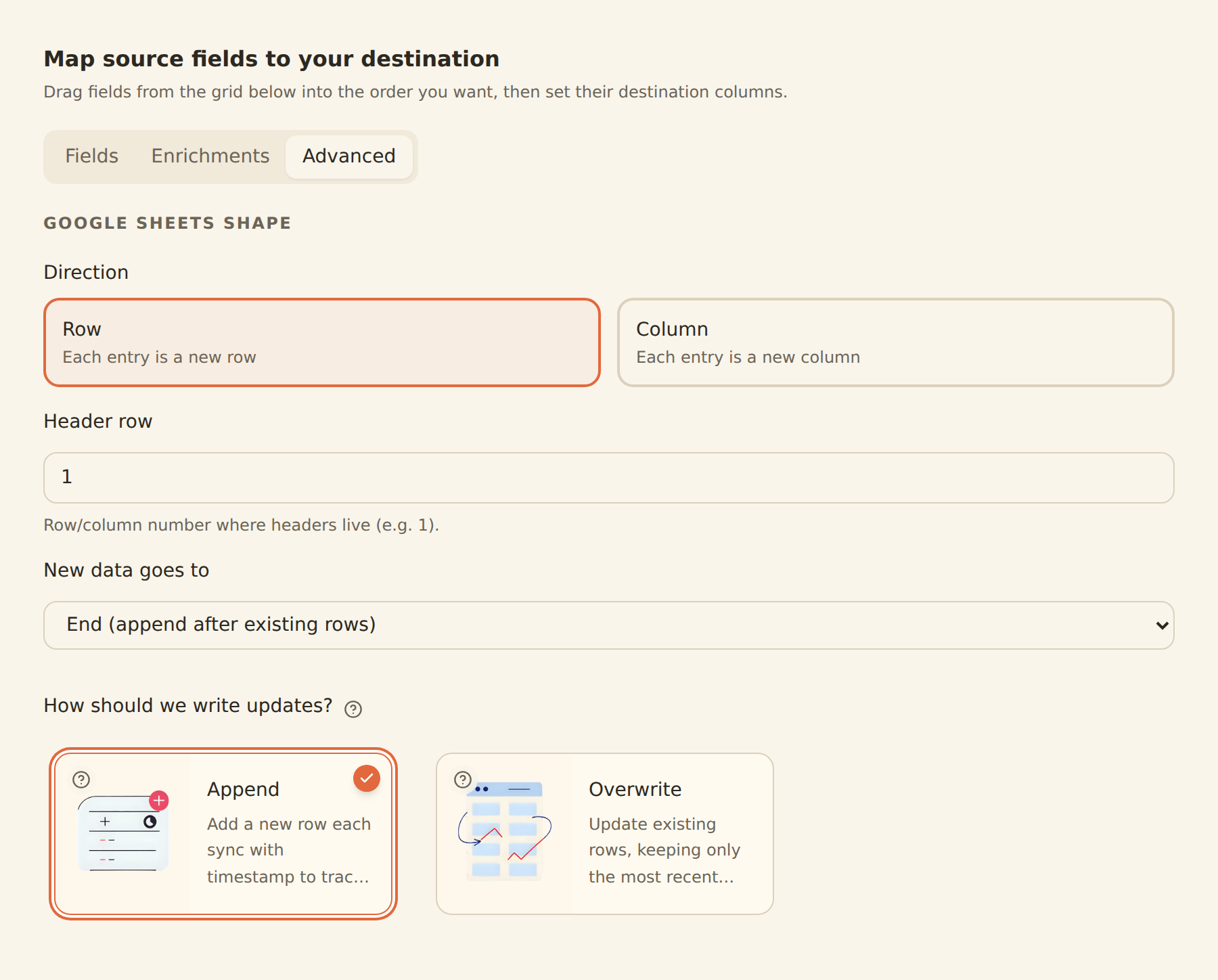 The Mapping tab balance mode selection cards for a point-in-time feed: Append, which adds a new timestamped row each sync, selected, and Overwrite, which updates the same rows in place.