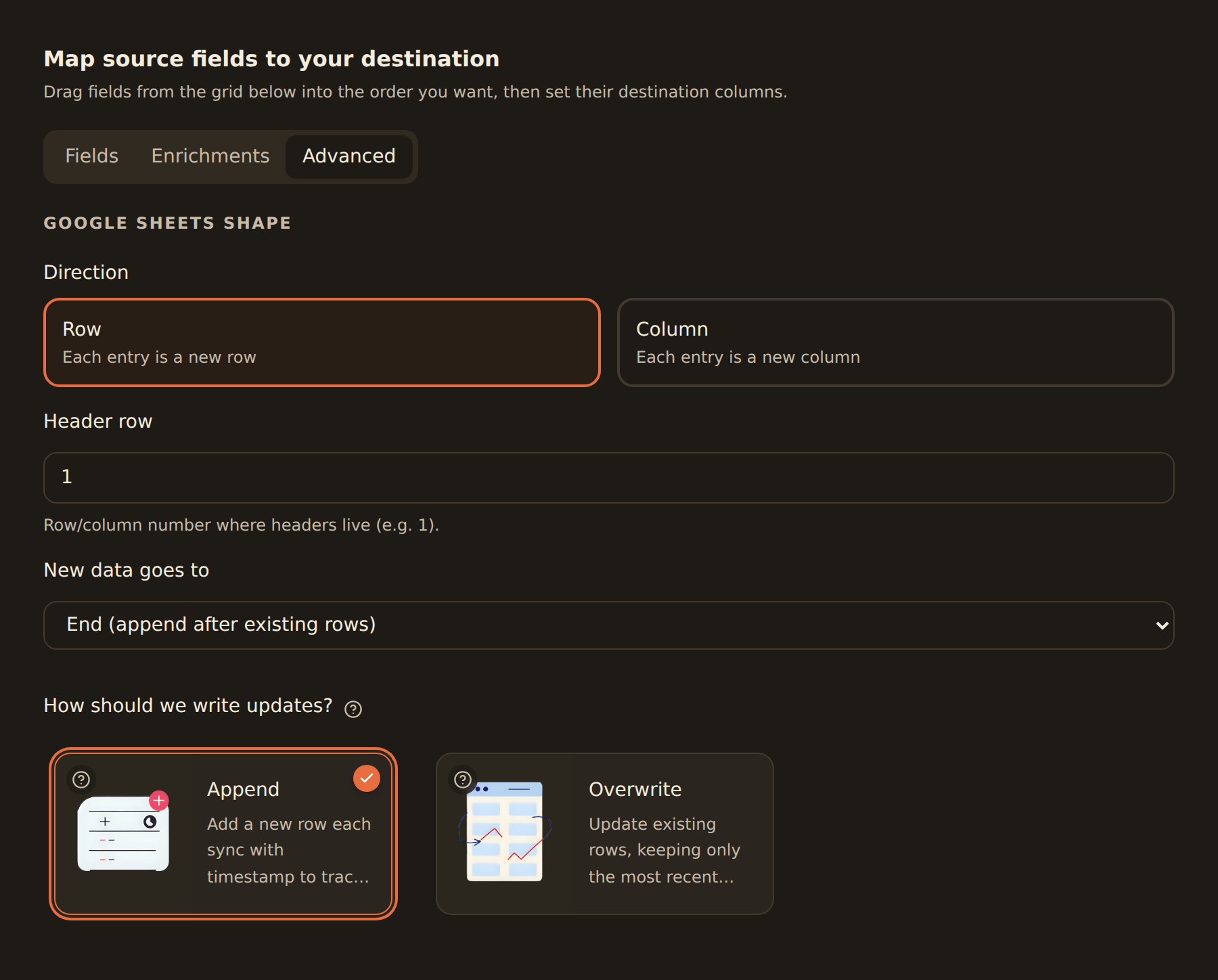 The Mapping tab for a balances feed writing to Google Sheets, showing the balance mode selection cards: Append, which adds a new timestamped row each sync, selected, and Overwrite, which updates the same rows in place.