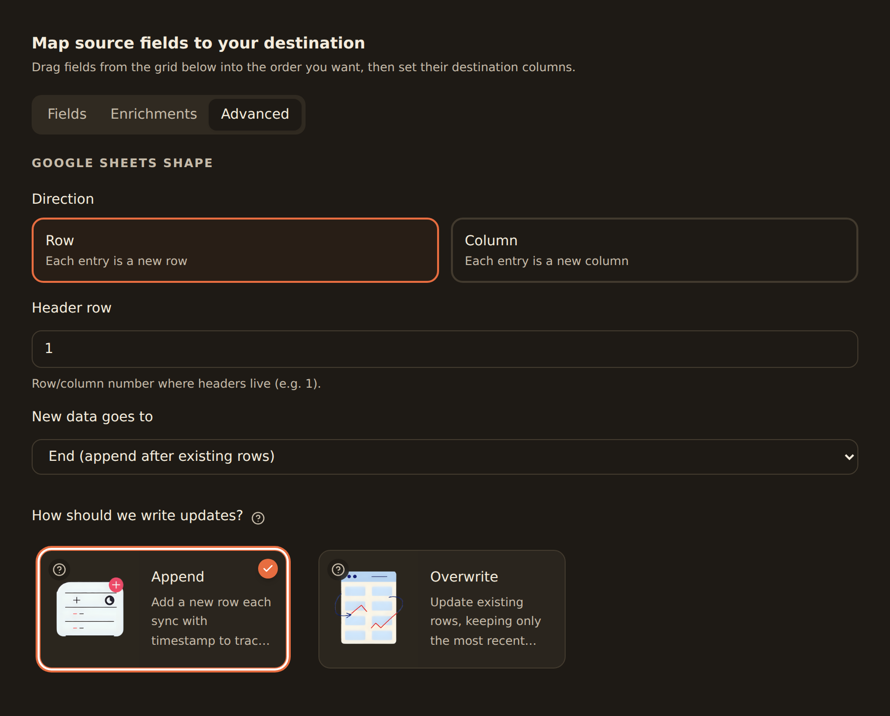 The Mapping tab balance mode selection cards for a point-in-time feed: Append, which adds a new timestamped row each sync, selected, and Overwrite, which updates the same rows in place.