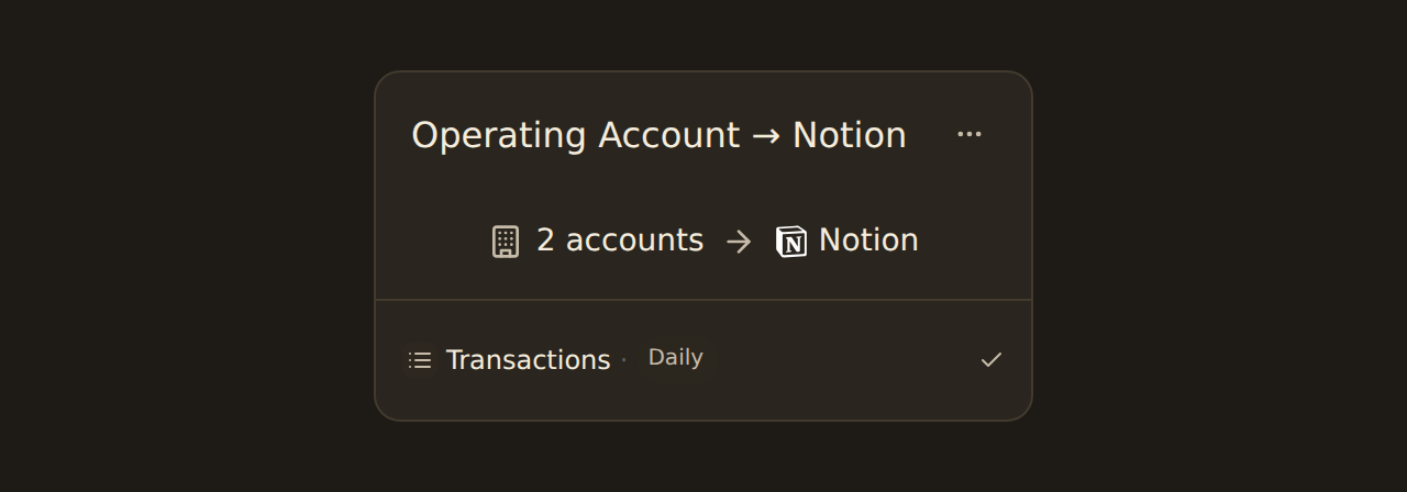 A feed card named Operating Account to Notion showing 2 accounts flowing to Notion, a Transactions data type chip, a Daily schedule badge, and a green check indicating the last sync succeeded.