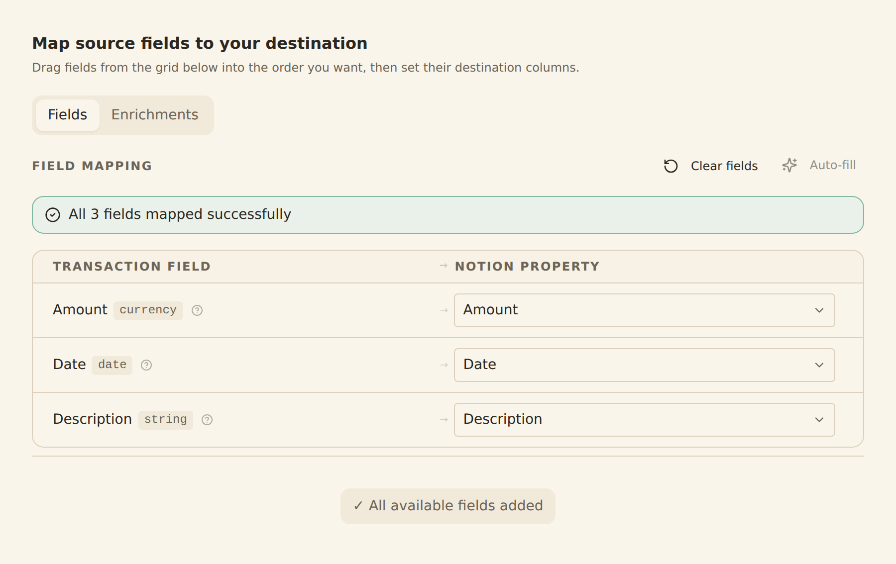 The Mapping tab for a transactions feed writing to Notion, with the transaction fields Amount, Date, and Description each mapped to a Notion property and a green banner reading All 3 fields mapped successfully.