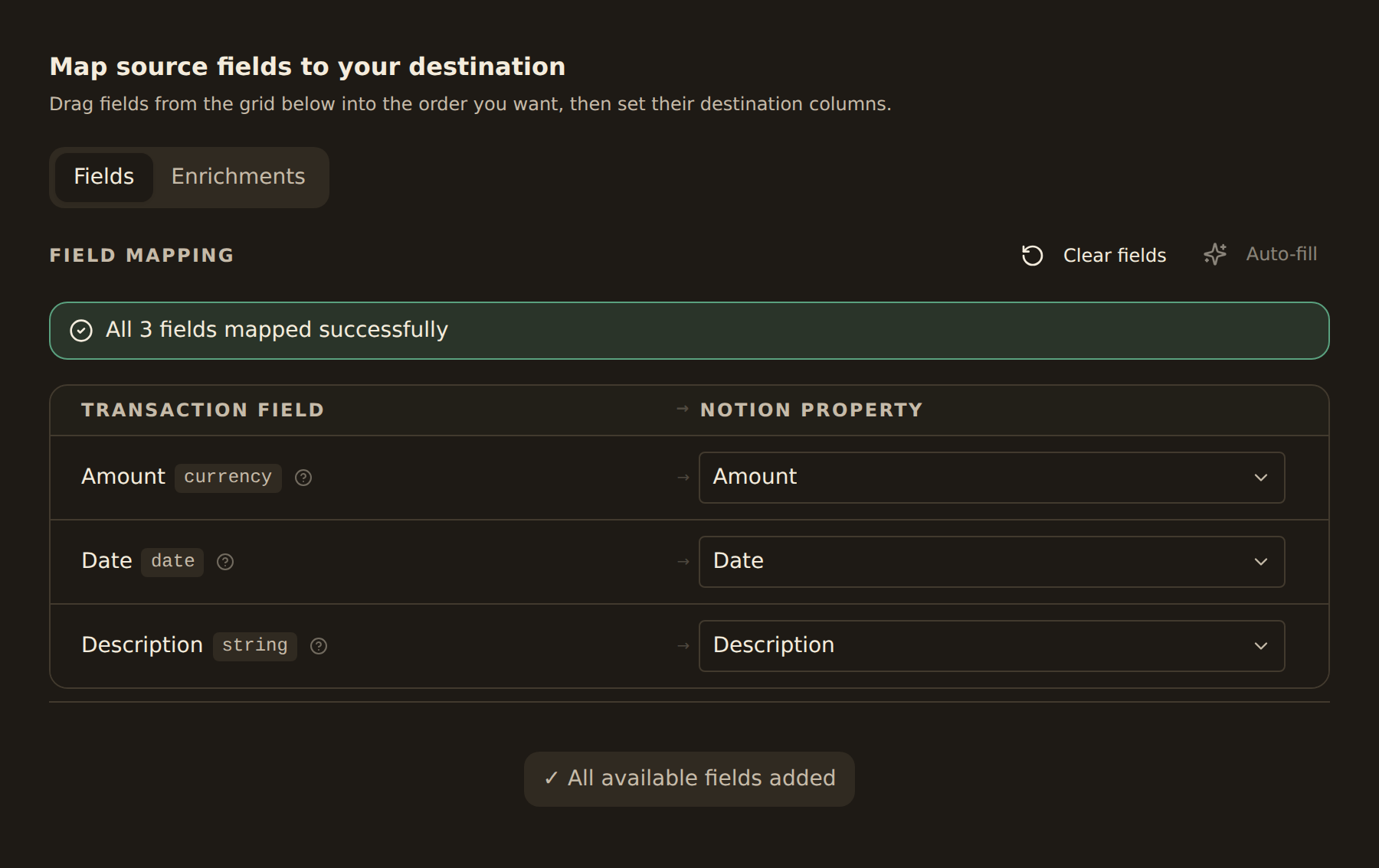 The Mapping tab for a transactions feed writing to Notion, with the transaction fields Amount, Date, and Description each mapped to a Notion property and a green banner reading All 3 fields mapped successfully.