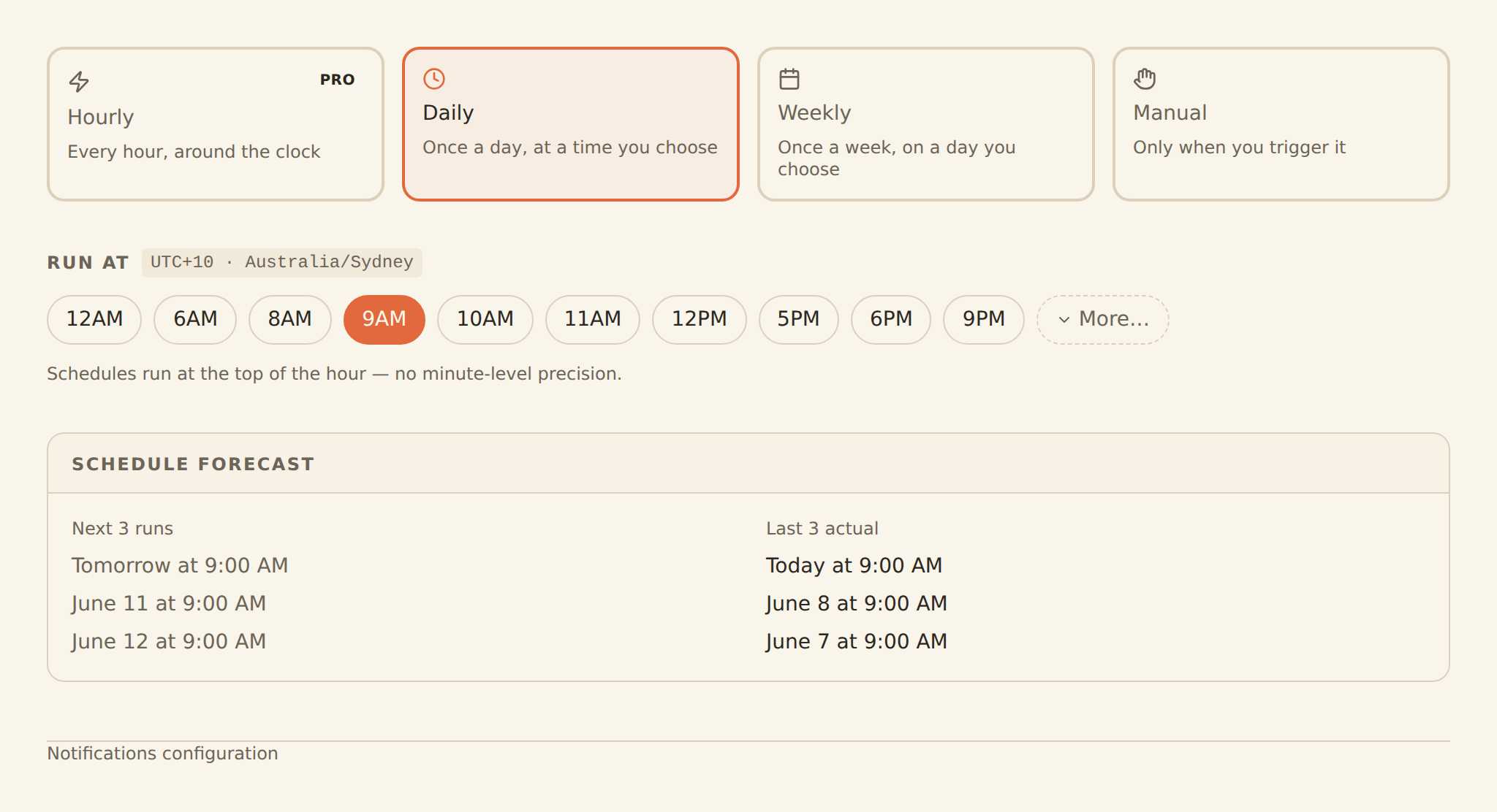 The Schedule tab with frequency cards for Hourly (marked PRO), Daily (selected), Weekly, and Manual, an hour picker labeled Run at showing the user's time zone, and a Schedule Forecast listing the next three and last three runs.