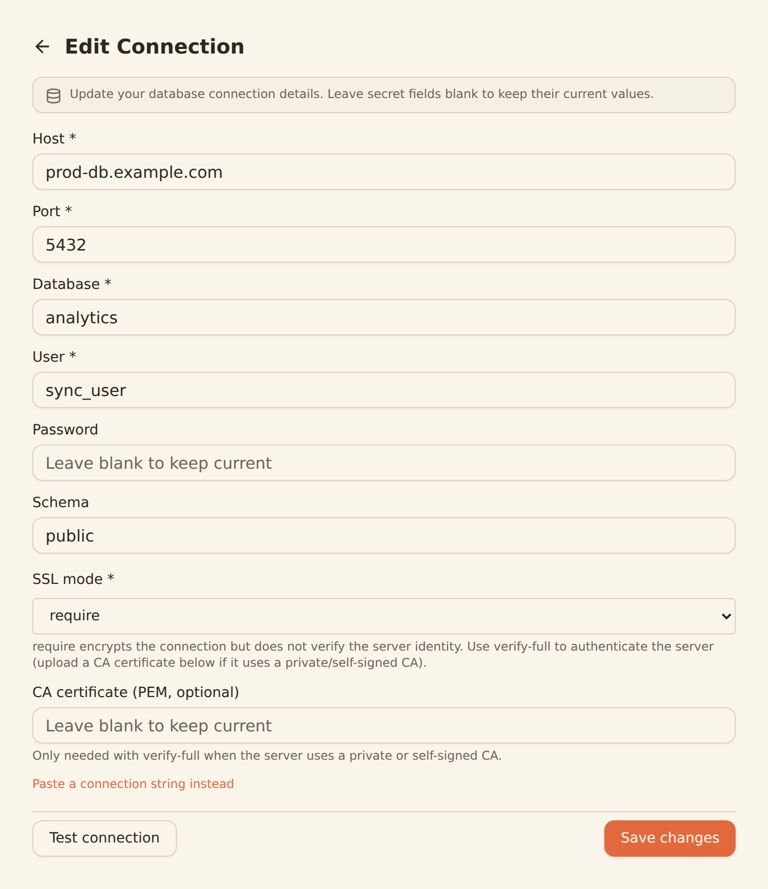 The Connect PostgreSQL database connection form, filled in: a Display name, Host db.acme.internal, Port 5432, Database analytics, User banksync_writer, a masked Password, Schema public, SSL mode set to require, an empty CA certificate field, a Paste a connection string instead link, and Test connection and Connect buttons.