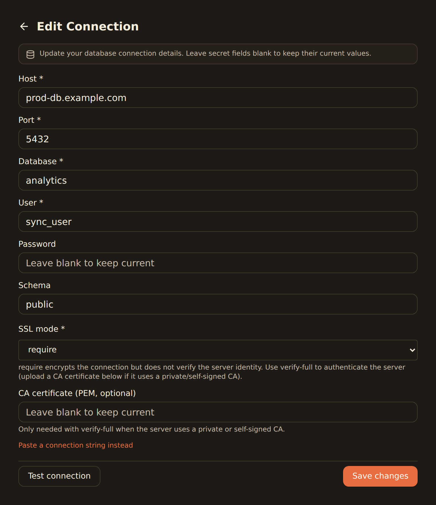 The Connect PostgreSQL database connection form, filled in: a Display name, Host db.acme.internal, Port 5432, Database analytics, User banksync_writer, a masked Password, Schema public, SSL mode set to require, an empty CA certificate field, a Paste a connection string instead link, and Test connection and Connect buttons.