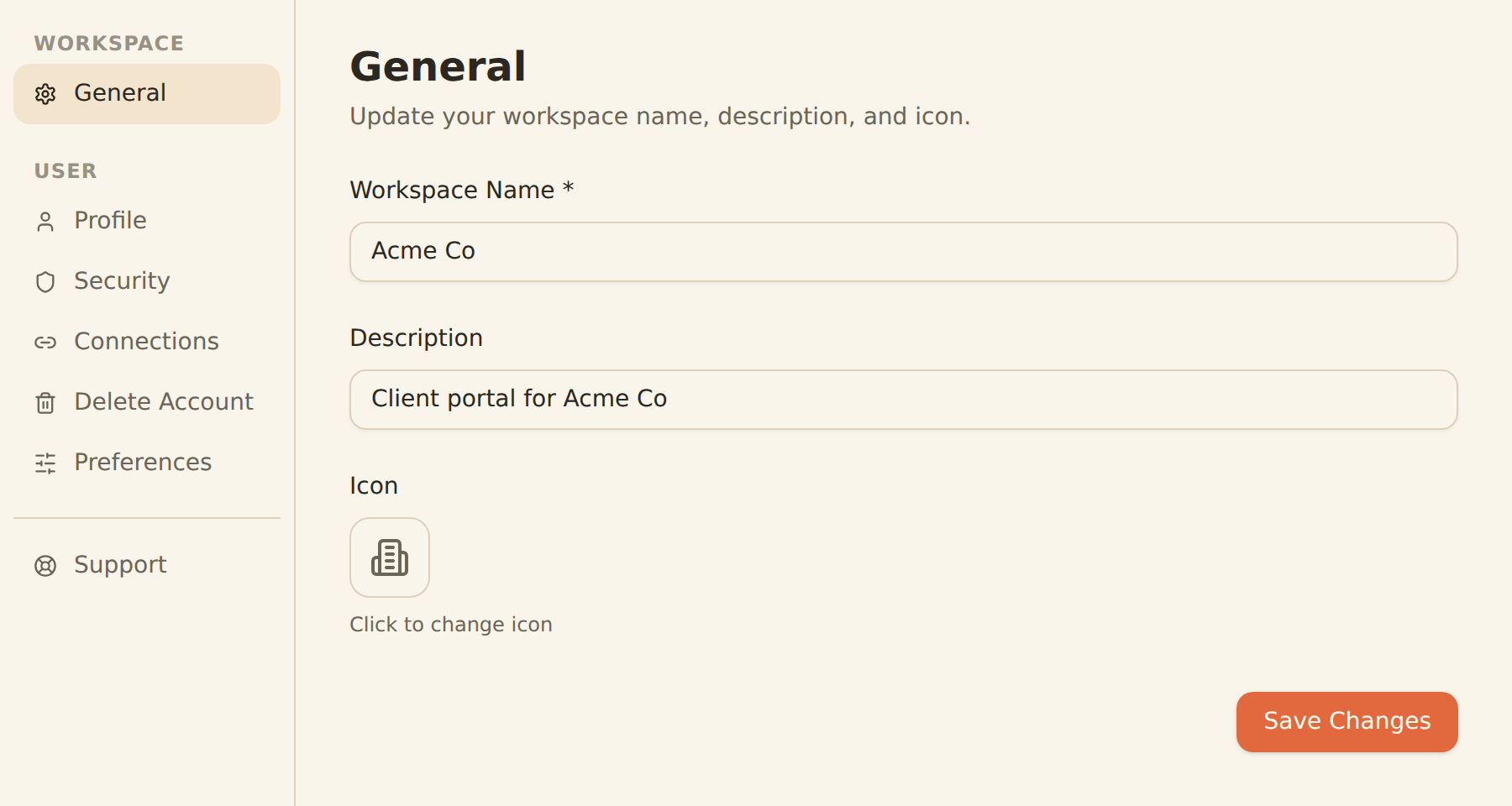 A client's constrained BankSync portal view: the workspace header shows the portal name 'Acme Co' with a 'Portal' tag beneath it and an 'Editor' role badge, a top tab strip with Banks, Feeds, and Settings, and a Settings sidebar listing only client-visible items grouped as Workspace (General, active) and User (Profile, Security, Connections, Delete Account, Preferences) plus Support. Members, Billing, Developers, Affiliate, and Delete Workspace are absent. The General pane reads 'This portal is named and themed by your accountant. Ask them to change the name or icon.'
