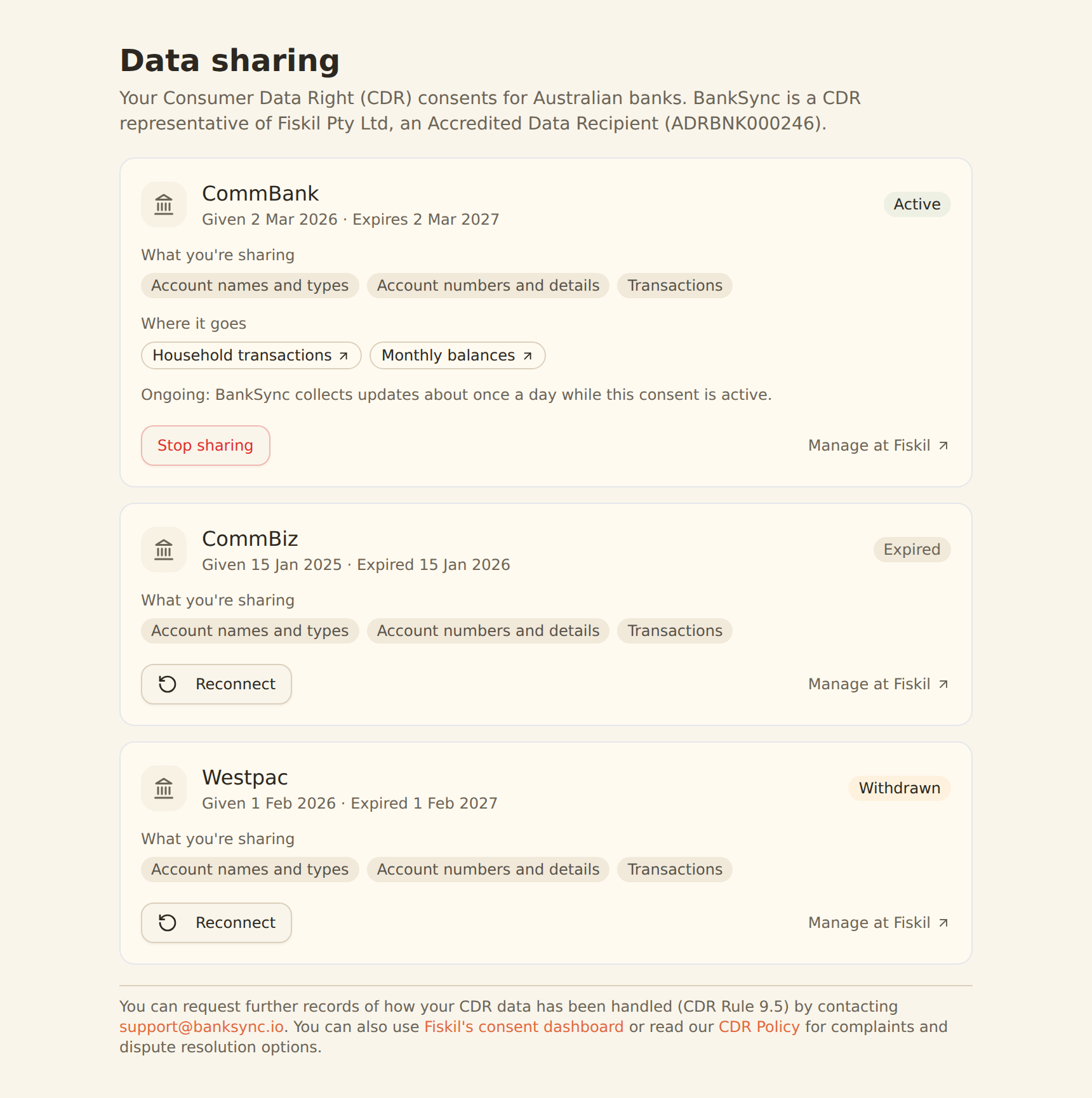 The Data sharing settings panel listing CDR consents grouped by institution, each showing status, the data types and accounts shared, the dates given and expiring, the feeds the data flows to, and a Stop sharing action.