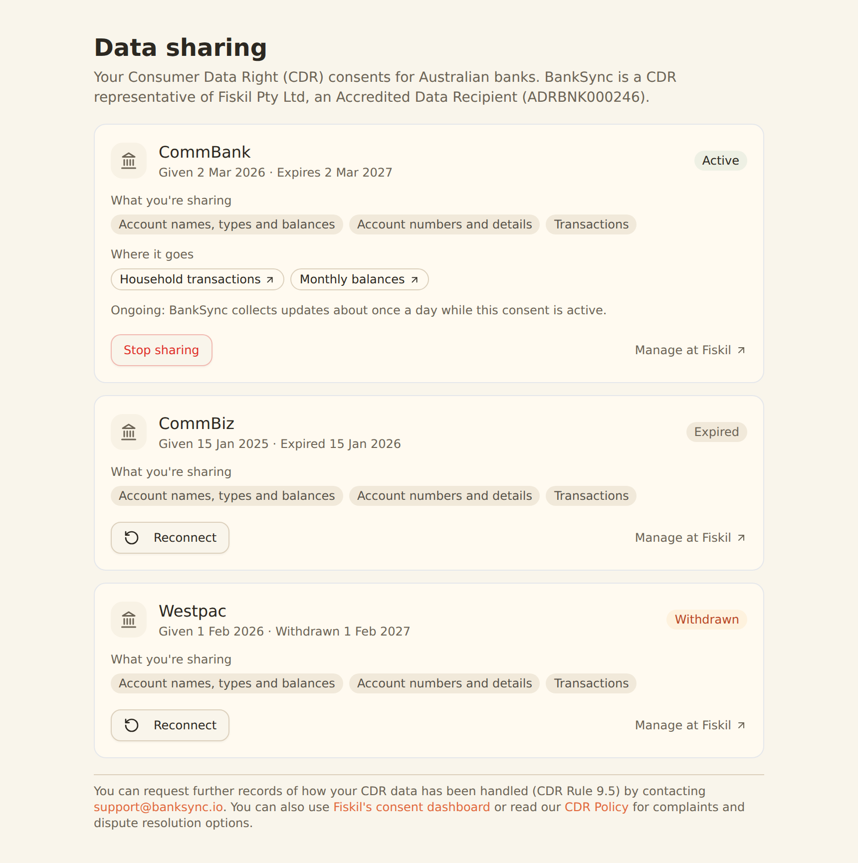 BankSync data-sharing controls in workspace settings