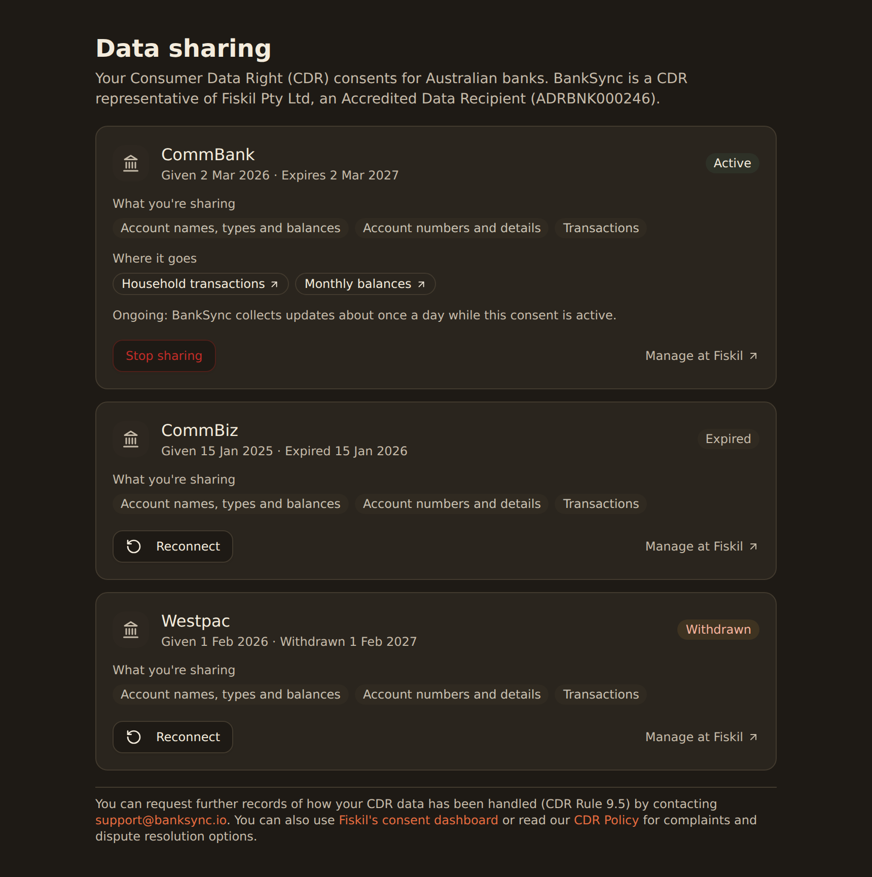 BankSync data-sharing controls in workspace settings