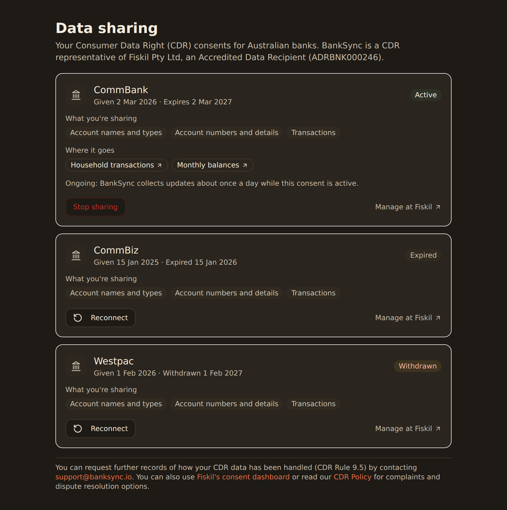 BankSync data-sharing controls in workspace settings