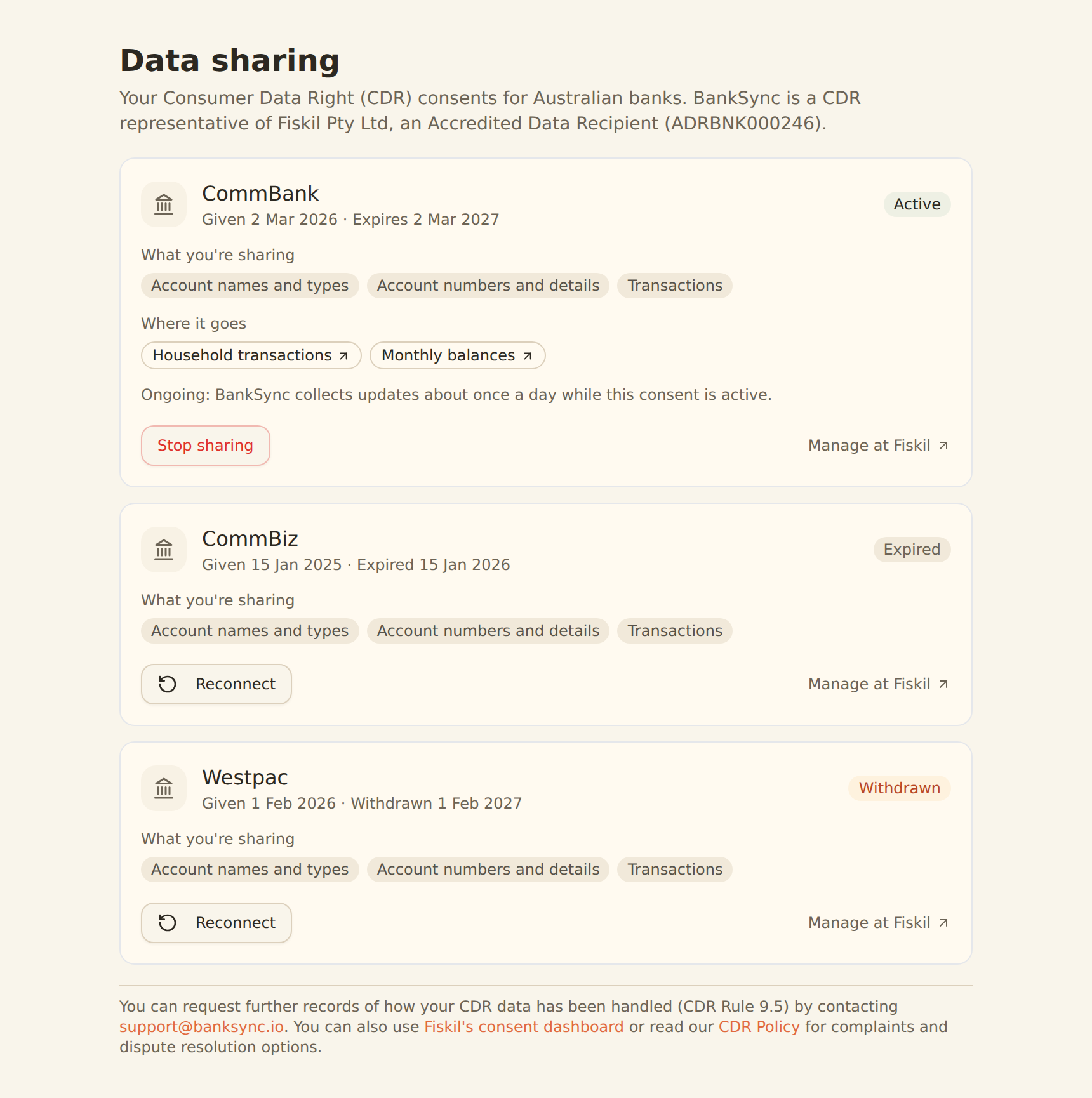 BankSync data-sharing controls in workspace settings