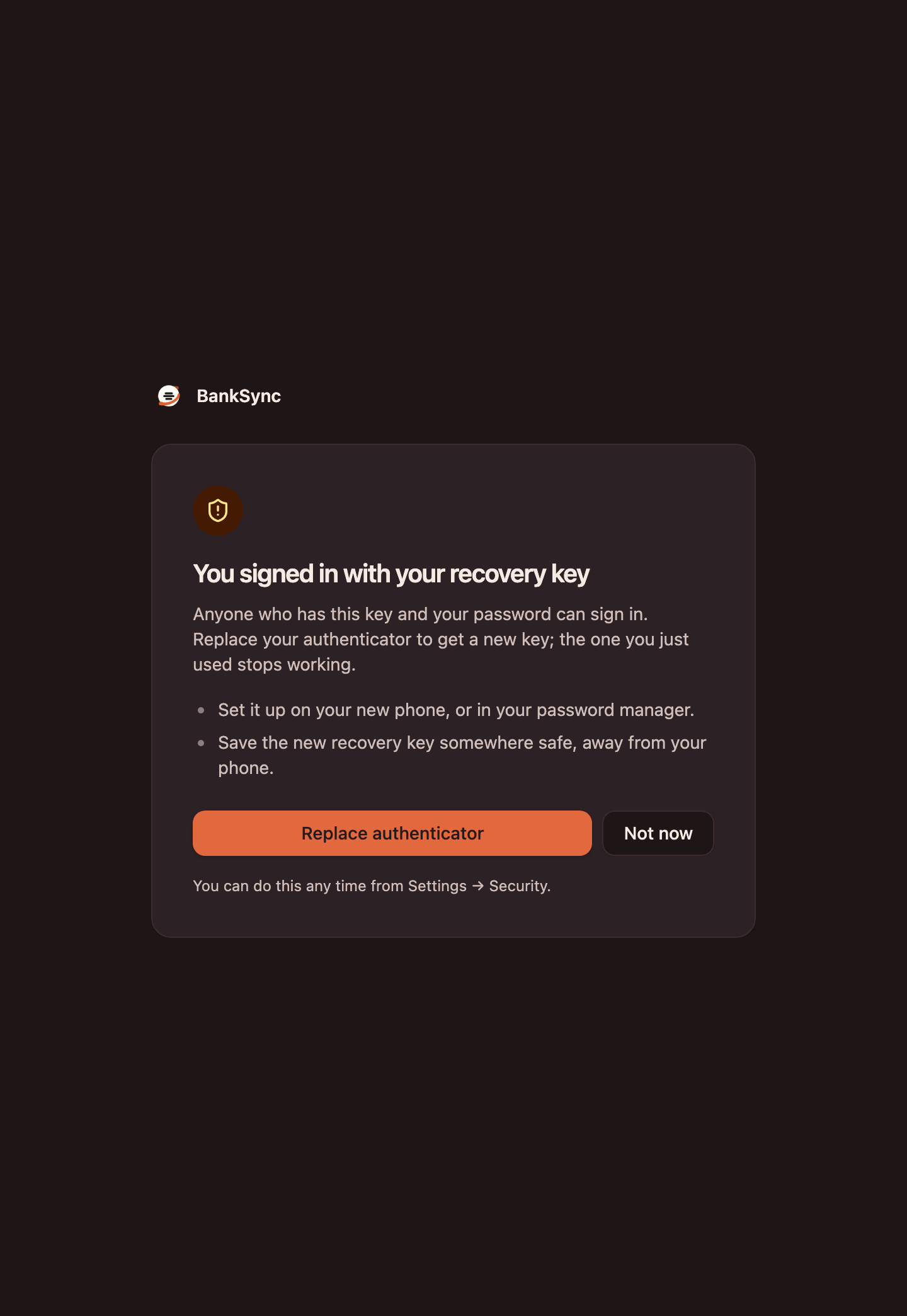 The Secure your account page after a recovery-key sign-in: a note that anyone with the key and your password can sign in, steps to set up the authenticator again and save the new key, and Replace authenticator and Not now buttons.