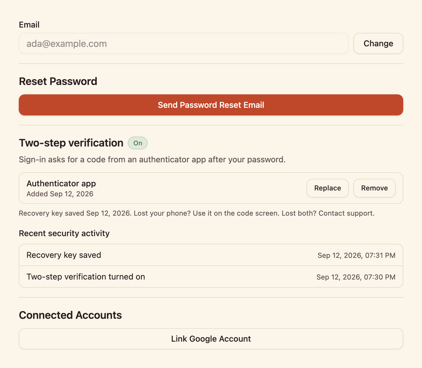 Settings, Security with two-step verification On: an authenticator app added on 12 September, a line confirming the recovery key was saved, and recent security activity listing the recovery key saved and two-step verification turned on.