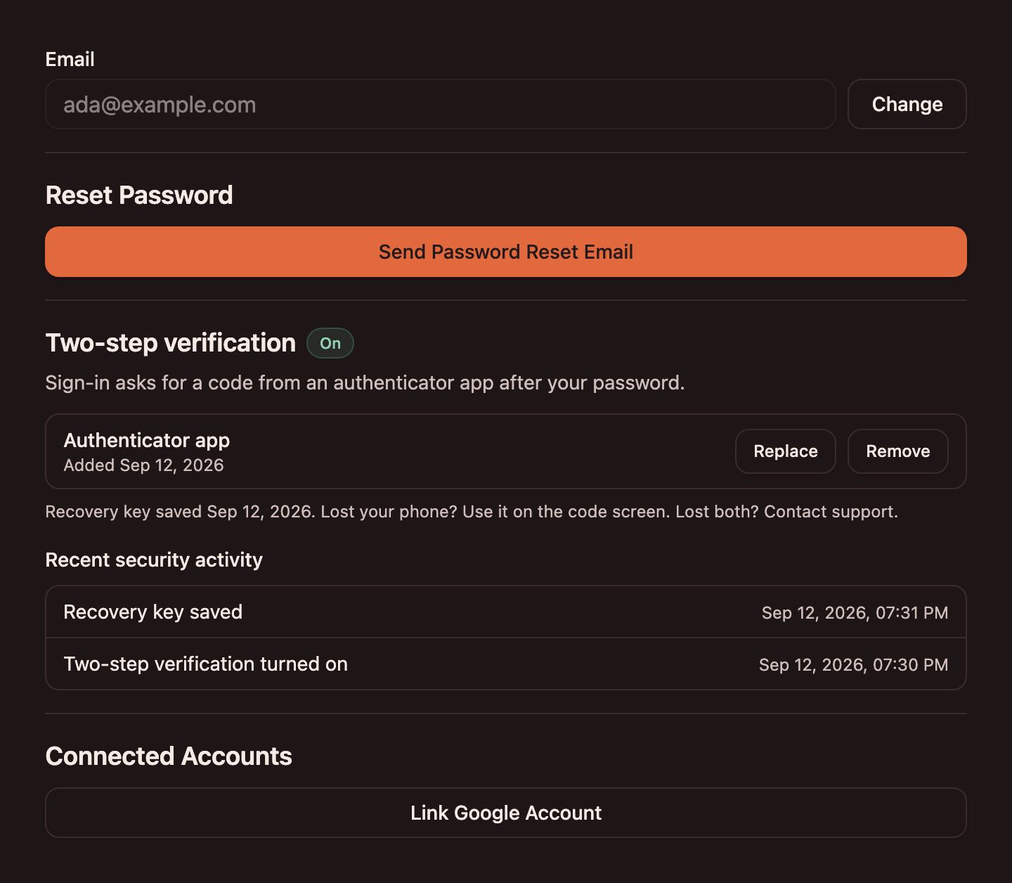 Settings, Security with two-step verification On: an authenticator app added on 12 September, a line confirming the recovery key was saved, and recent security activity listing the recovery key saved and two-step verification turned on.