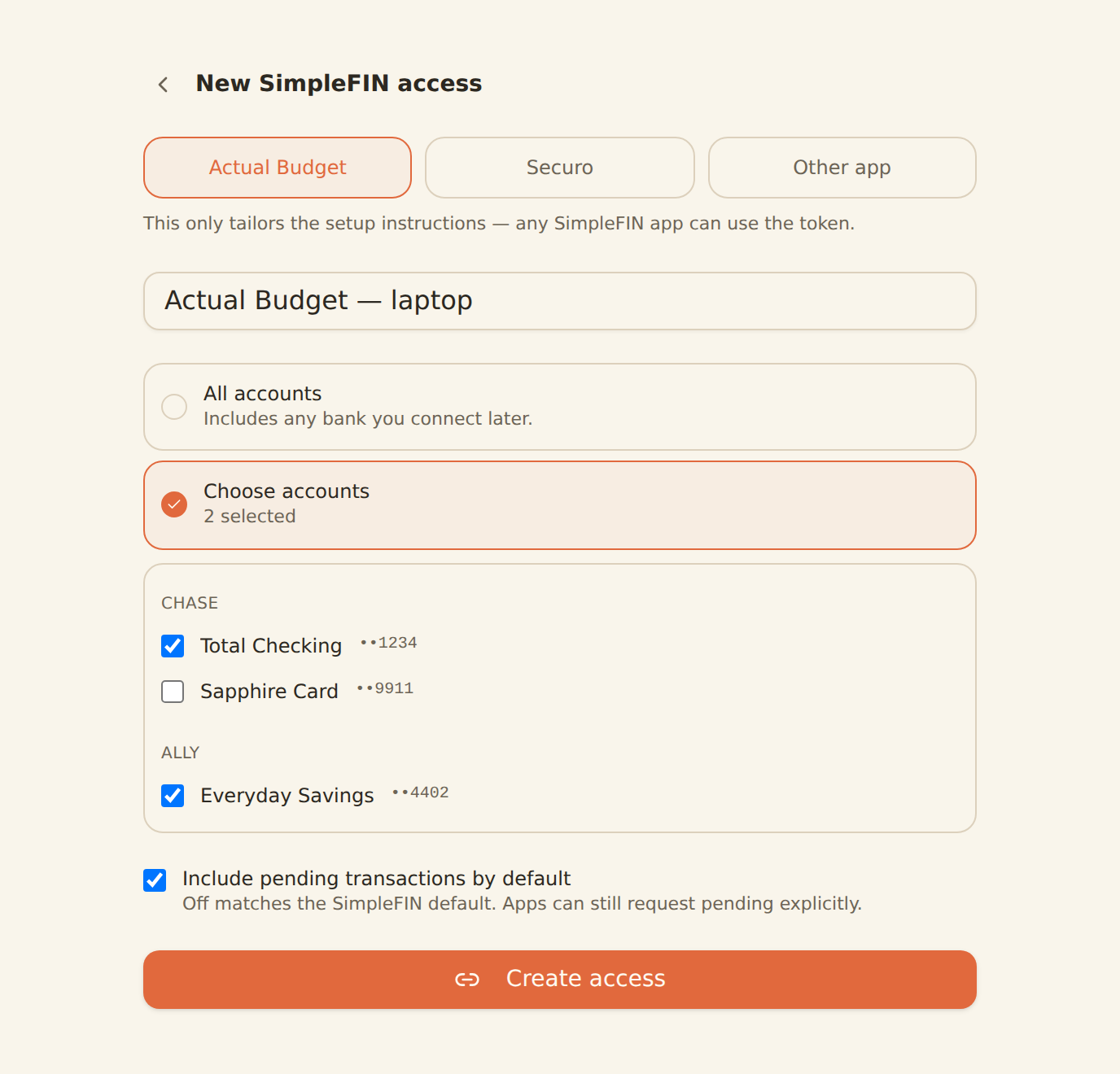 The BankSync SimpleFIN create form: app picker with Actual Budget selected, a name field, and an account scope chooser listing accounts grouped by bank with two of three ticked.
