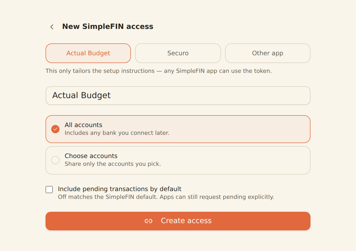 The BankSync SimpleFIN create form: app picker with Actual Budget selected, a name field, and an account scope chooser listing accounts grouped by bank with two of three ticked.