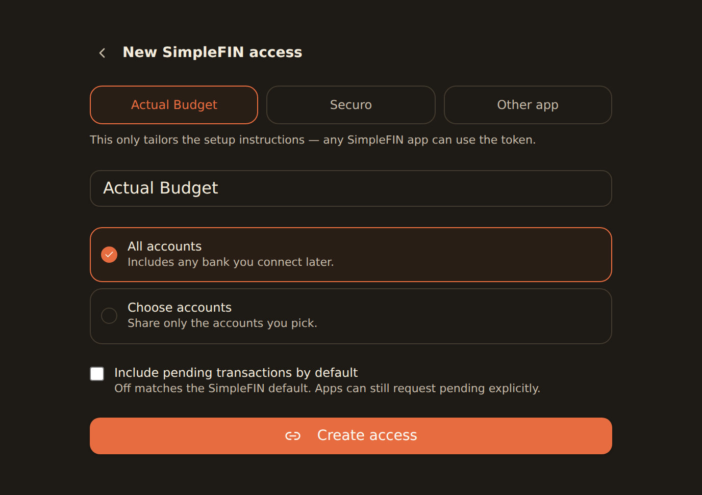 The BankSync SimpleFIN create form: app picker with Actual Budget selected, a name field, and an account scope chooser listing accounts grouped by bank with two of three ticked.