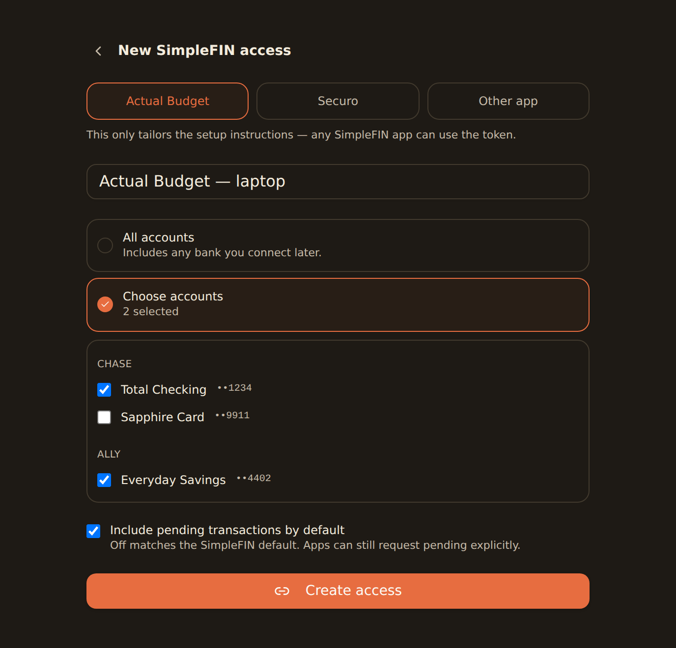 The BankSync SimpleFIN create form: app picker with Actual Budget selected, a name field, and an account scope chooser listing accounts grouped by bank with two of three ticked.