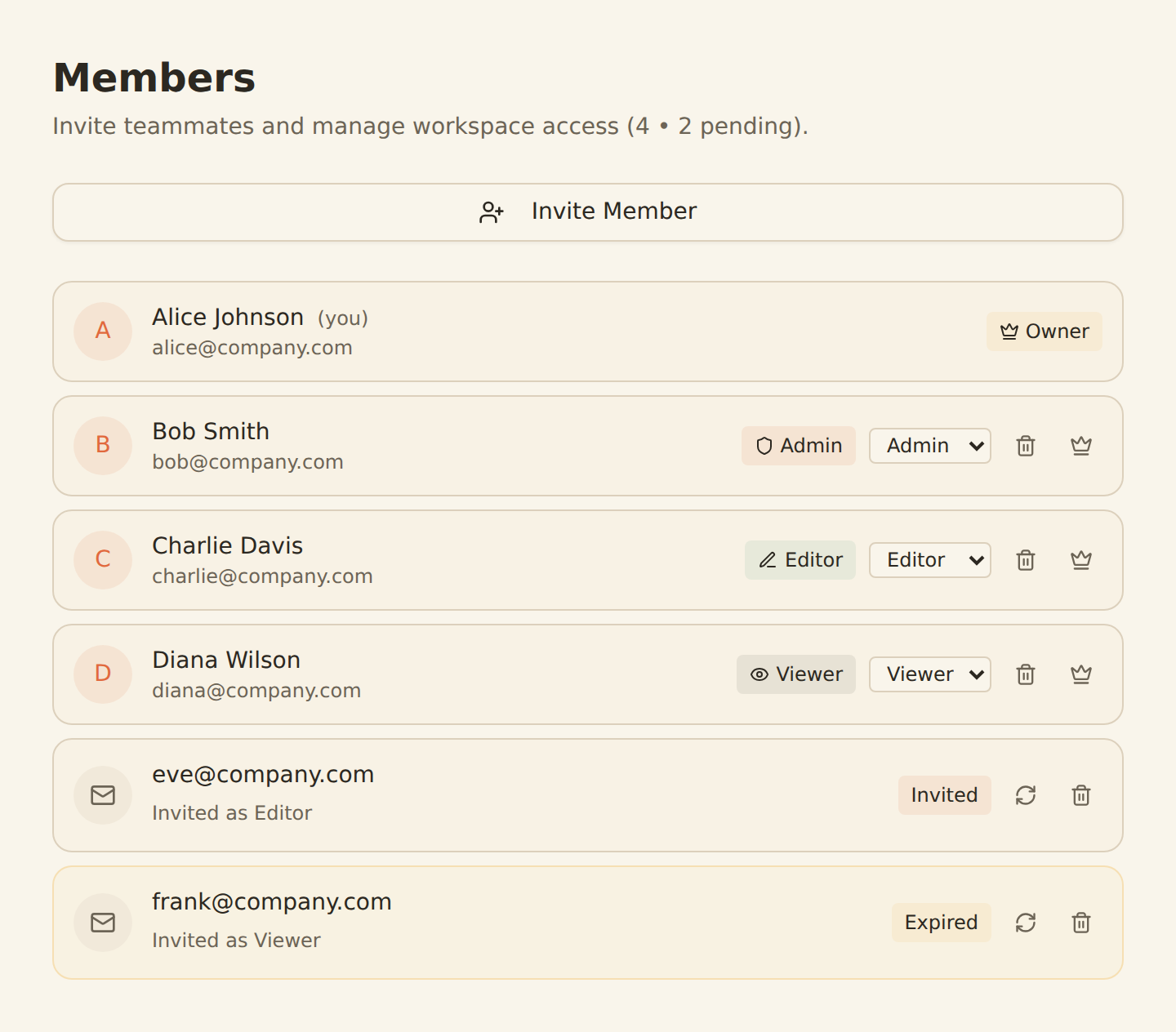 The BankSync Settings Members panel: a 'Members' heading with the subtitle 'Invite teammates and manage workspace access (4 • 1 pending).', an Invite Member button, then member rows for Maya Chen (Owner, with a crown badge, marked '(you)'), David Okoro (Admin badge plus a role dropdown, remove and transfer-ownership icons), Priya Nair (Editor) and Tom Becker (Viewer), followed by a pending invitation row for jordan@northwind.co with a Mail avatar, 'Invited as Editor', a blue Invited badge, and resend and revoke icons.